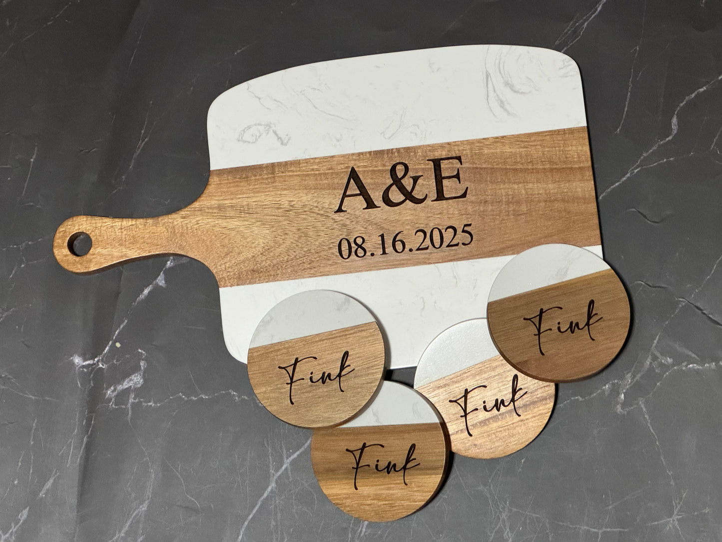 Personalized Marble and Acacia Charcuterie Board with Utensils