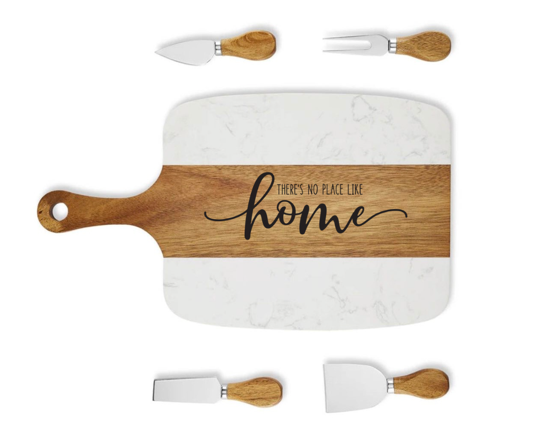 Personalized Marble and Acacia Charcuterie Board with Utensils